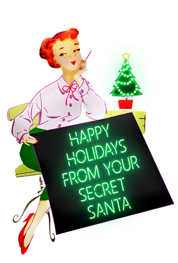 Graphic about a red-haired woman holding a blackboard with green text on it: HAPPY HOLIDAYS FROM YOUR SECRET SANTA