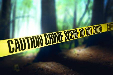 Caution Crime Scene Tape in woodland