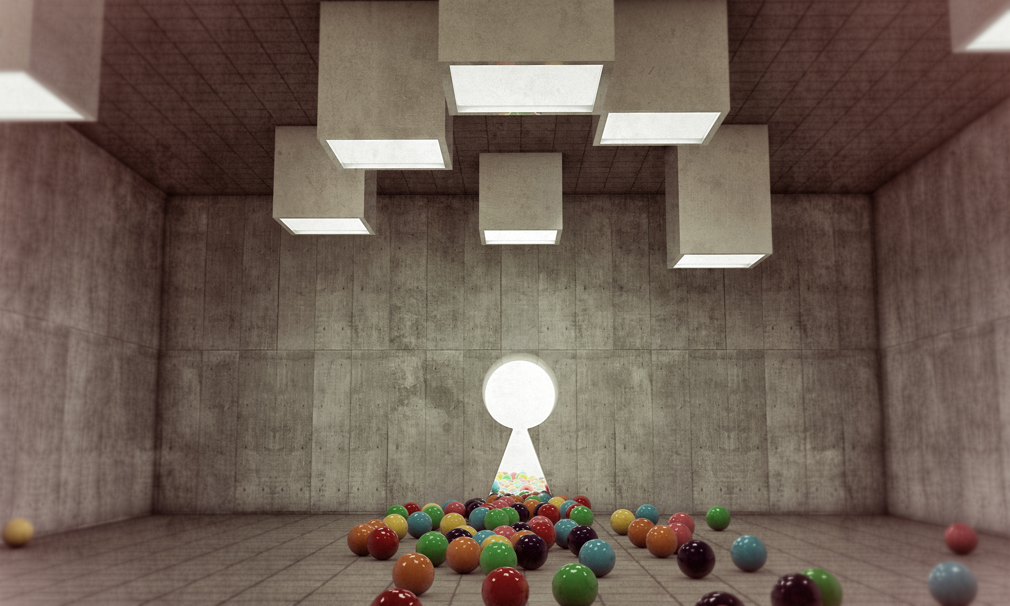 Assorted balls of different colors on the floor of a spacious white room with large keyhole window leading to the outdoors