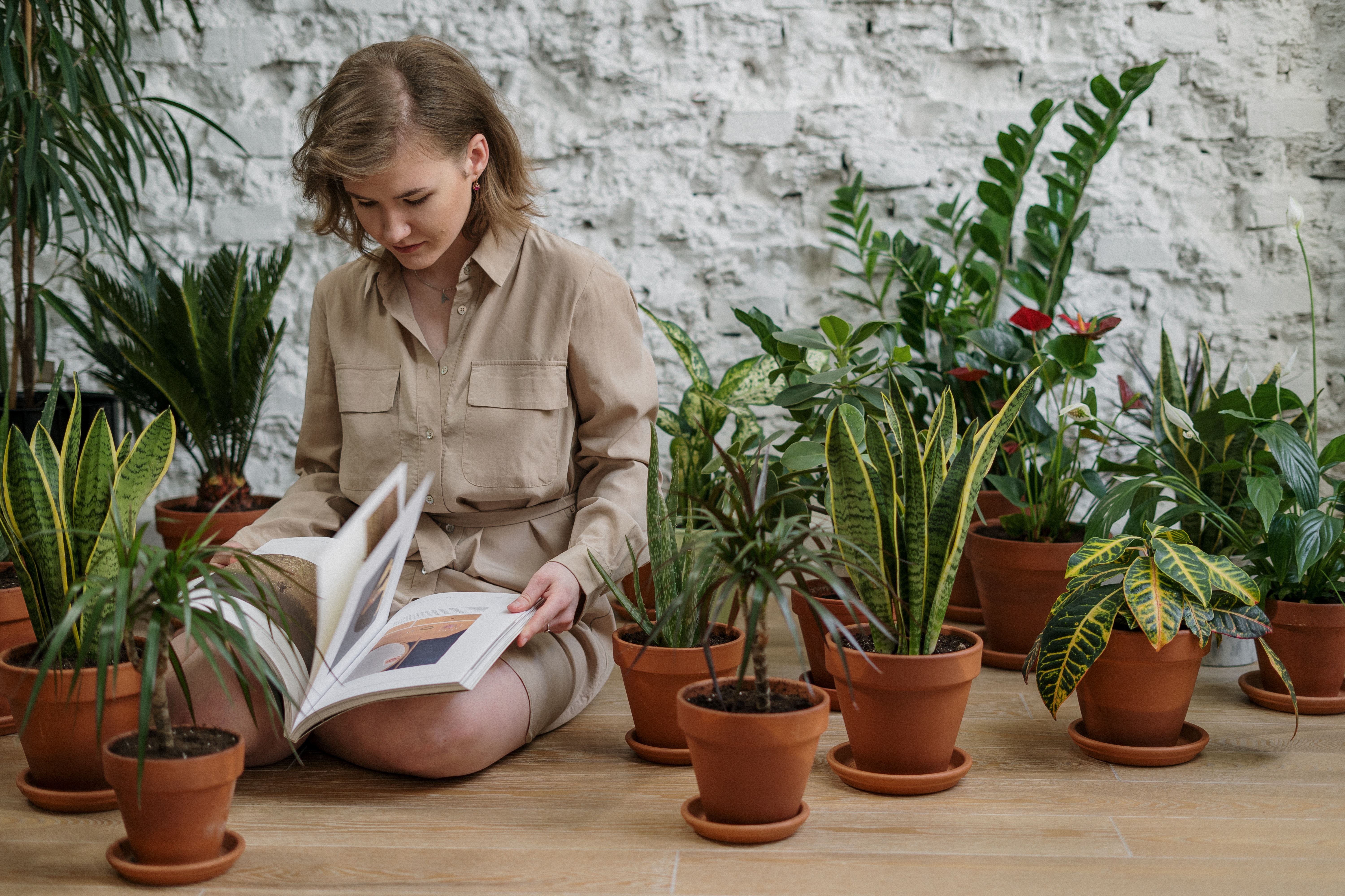 Girl reading a book while she cares for plants