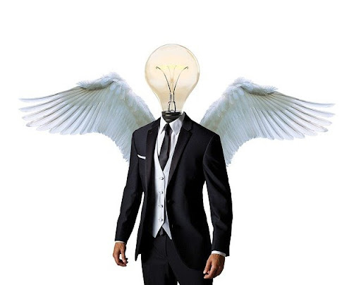 A gentleman with bulb head and angel’s wings